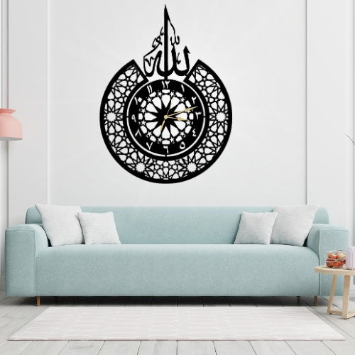 Islamic Wooden Wall Clock with Allah Calligraphy – Elegant Home Décor
