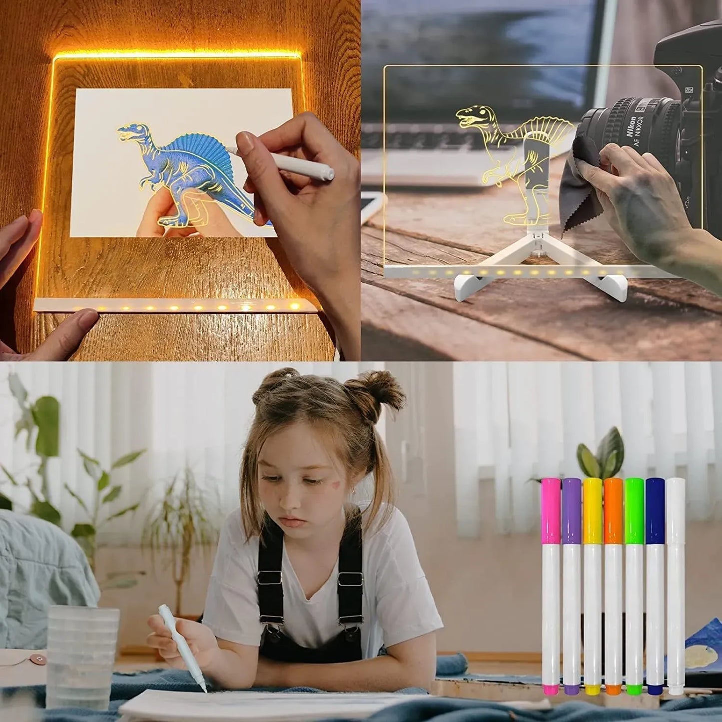 LED Light-Up Acrylic Writing Board – Reusable Message Board with 7 Neon Markers (15×15 cm)
