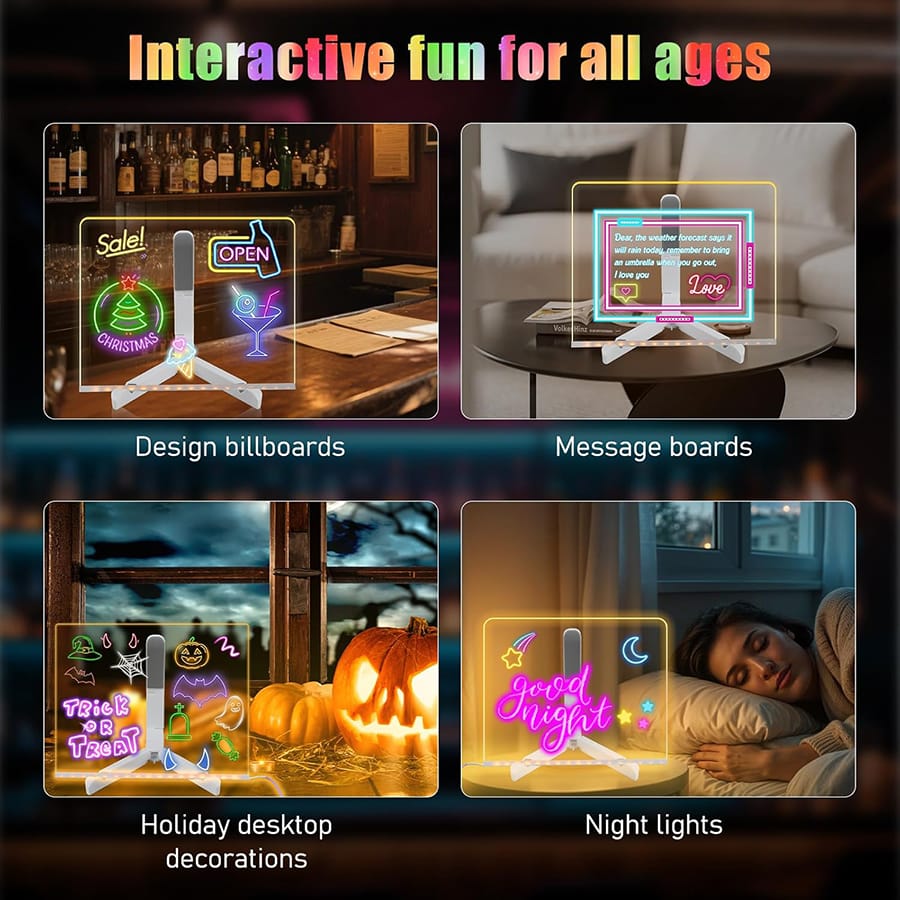 LED Light-Up Acrylic Writing Board – Reusable Message Board with 7 Neon Markers (15×15 cm)