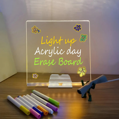LED Light-Up Acrylic Writing Board – Reusable Message Board with 7 Neon Markers (15×15 cm)