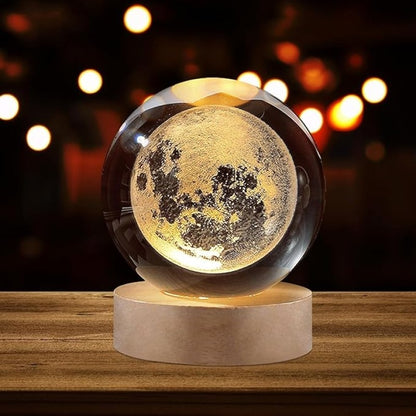 3D Moon Crystal Ball Lamp with Wooden LED Base – Decorative Night Light
