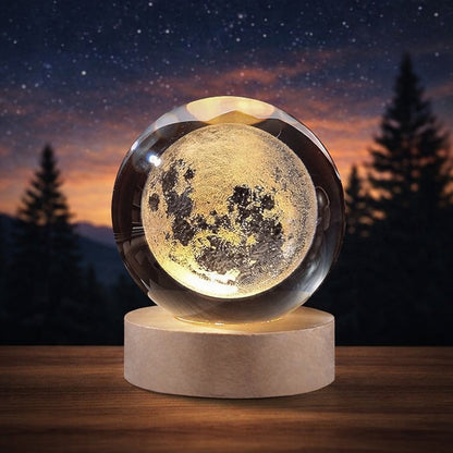 3D Moon Crystal Ball Lamp with Wooden LED Base – Decorative Night Light