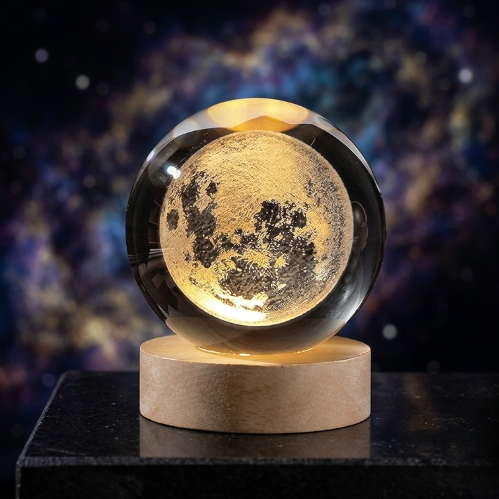 3D Moon Crystal Ball Lamp with Wooden LED Base – Decorative Night Light
