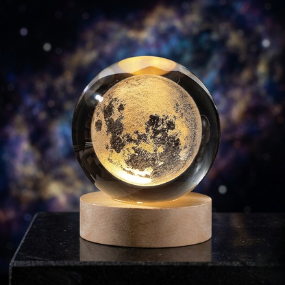 3D Moon Crystal Ball Lamp with Wooden LED Base – Decorative Night Light