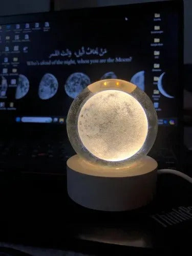 3D Moon Crystal Ball Lamp with Wooden LED Base – Decorative Night Light