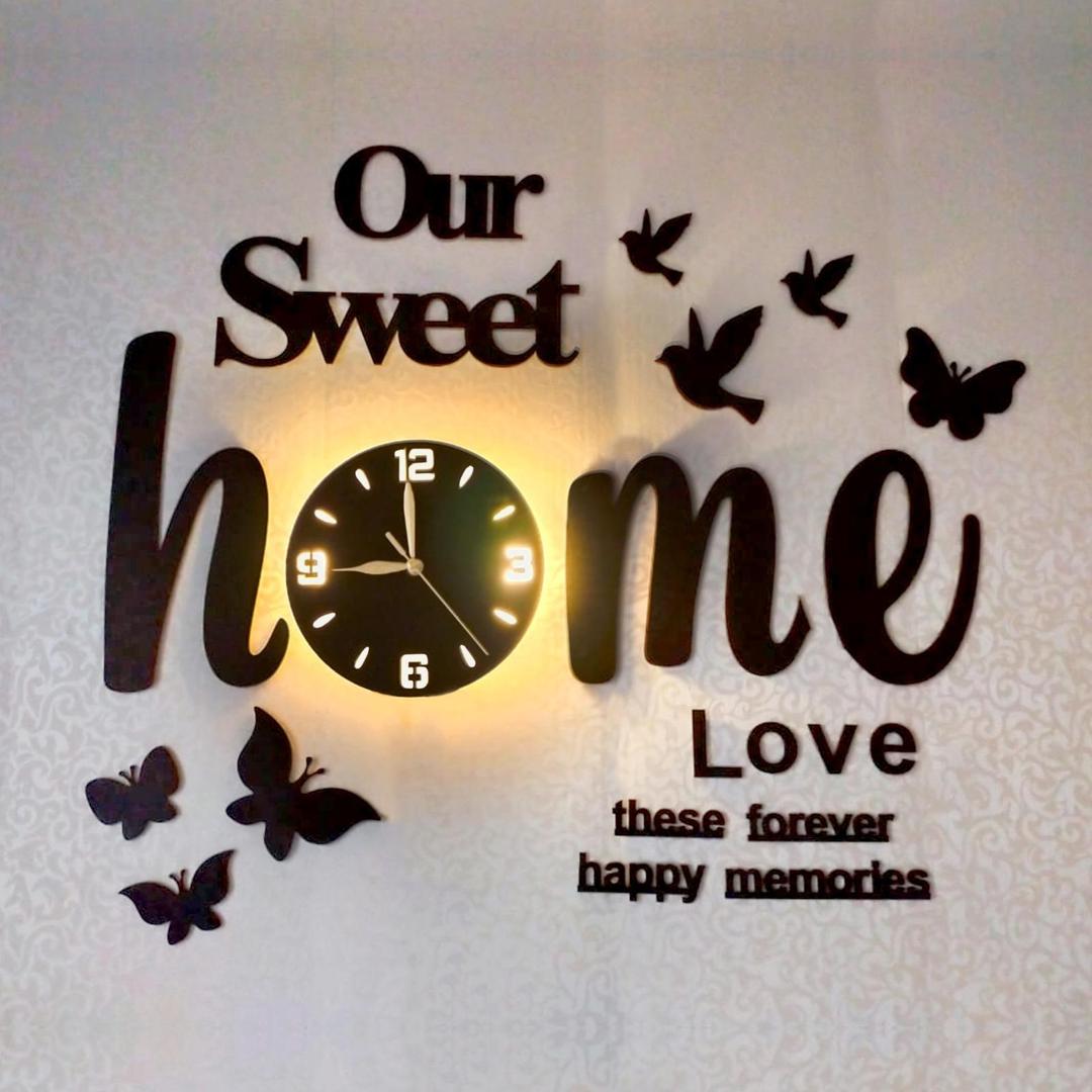 Modern Black 3D Wall Clock with Backlight | Birds & Butterflies