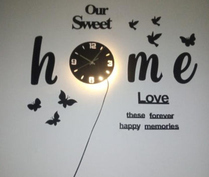 Modern Black 3D Wall Clock with Backlight | Birds & Butterflies